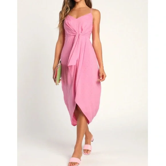 NWT Pink Swiss Dot Tie-Front Tulip Midi Dress - Picture 2 of 5